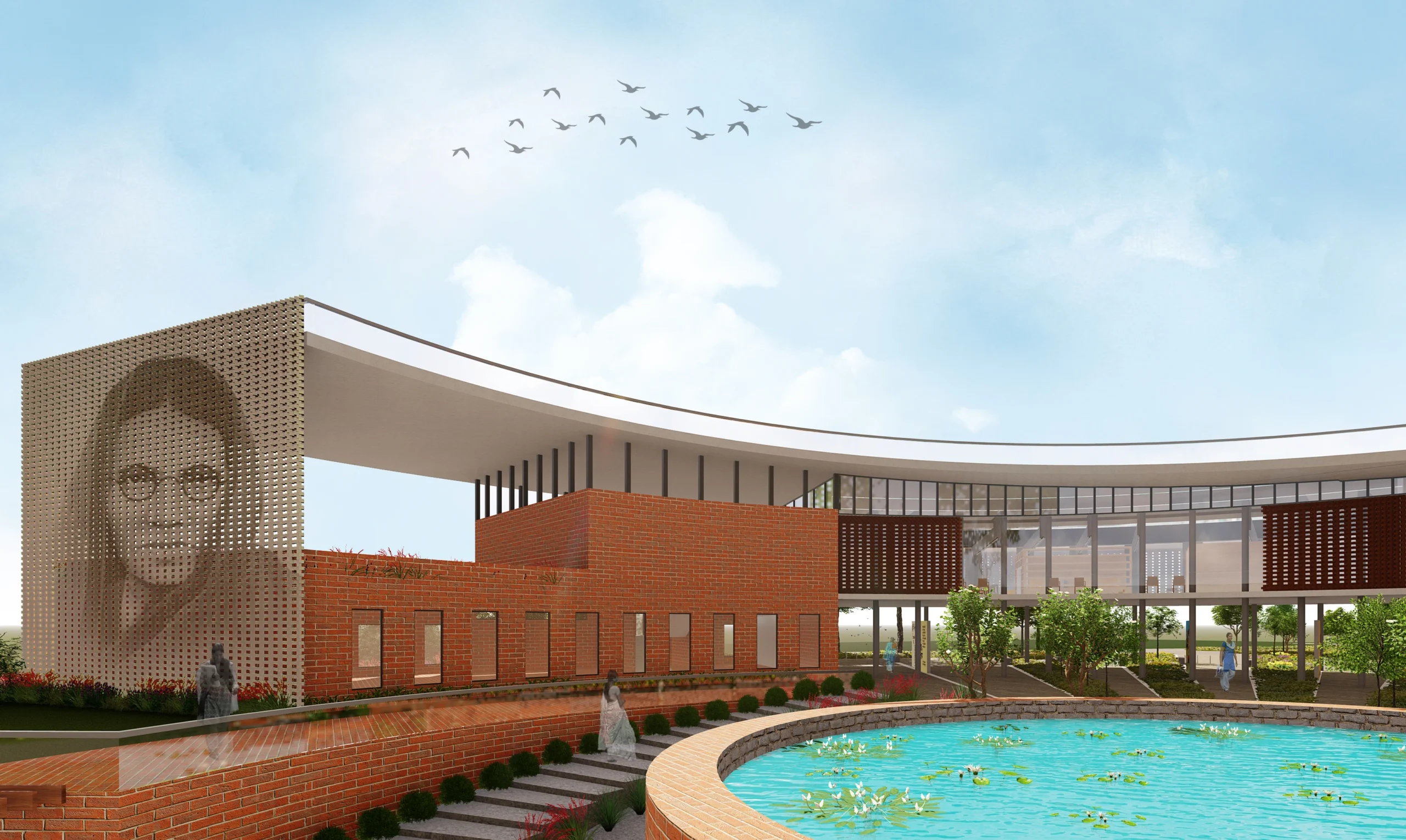 Open courtyard and reading zones in cultural experience center