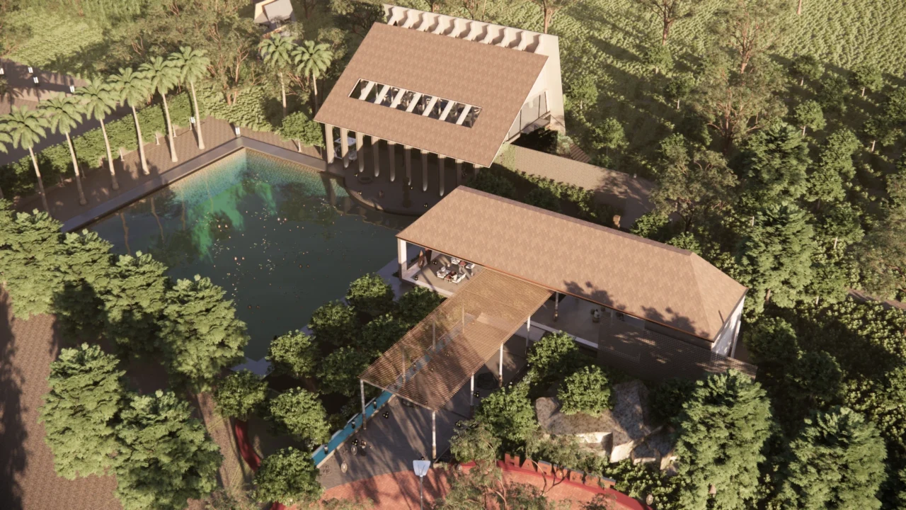Aerial view of the resort embedded within the natural farmland