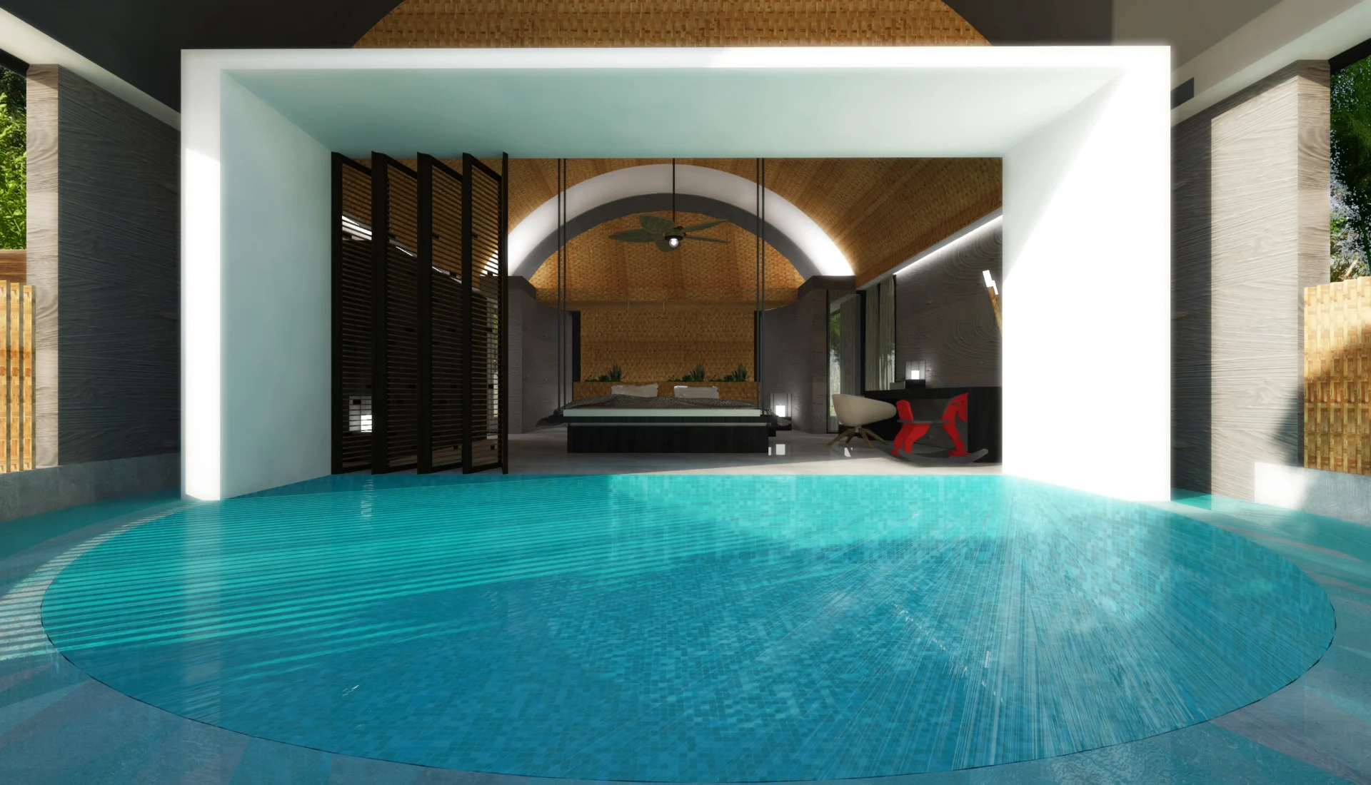 Earthy interior design of resort villas with open landscape views