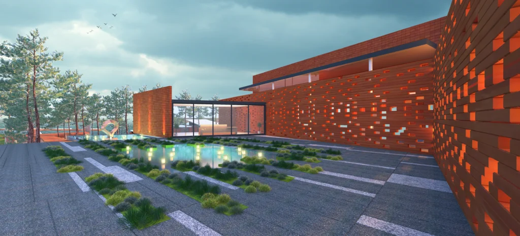 Architectural facade using brick and glass elements near water