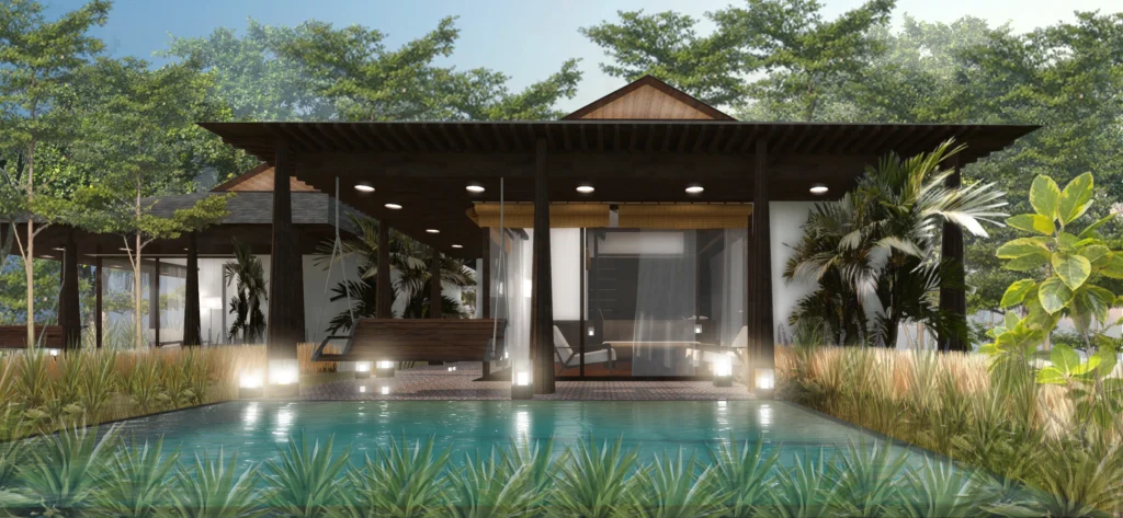 Private villa courtyard with local flora and water body