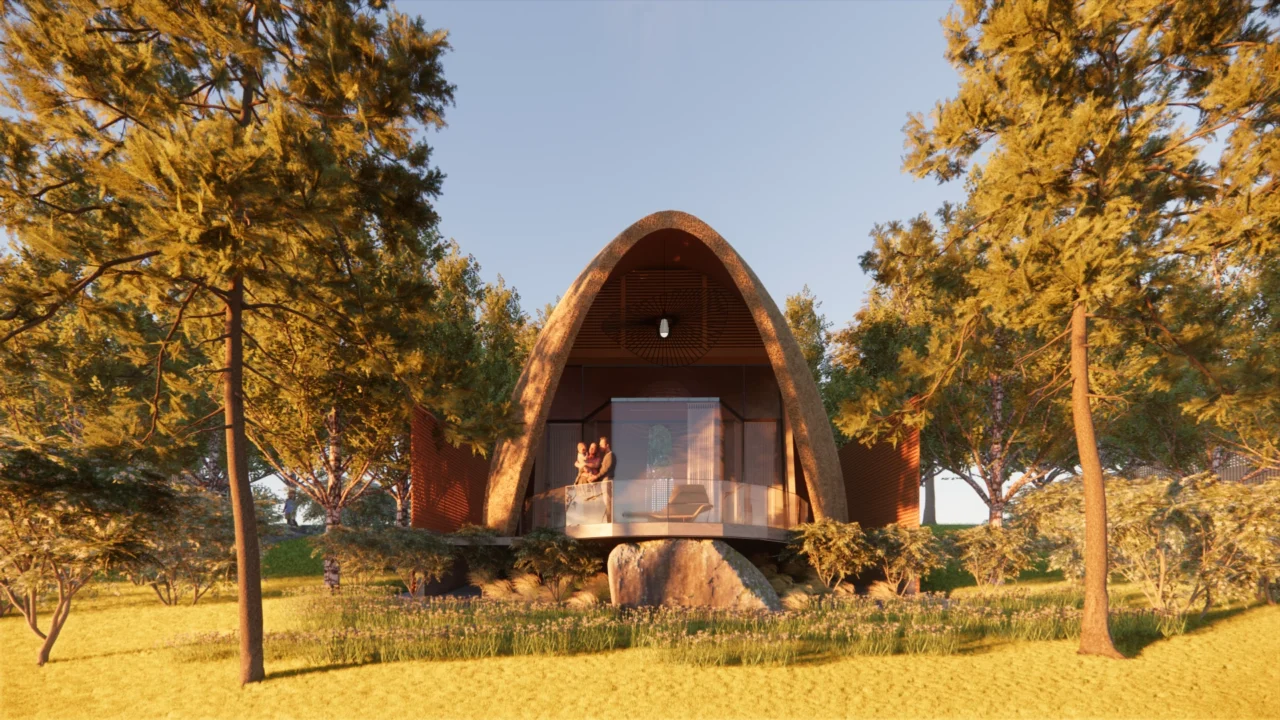 Earth-toned organic villa structure representing a biophilic nest