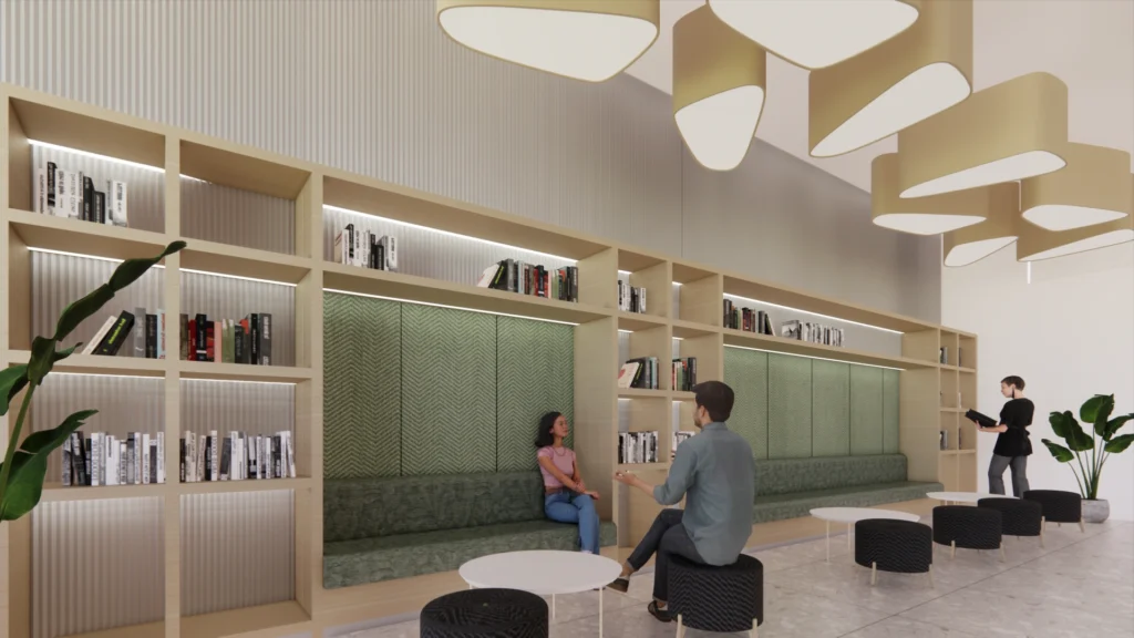 Common zones with bright colors and seating for social gatherings