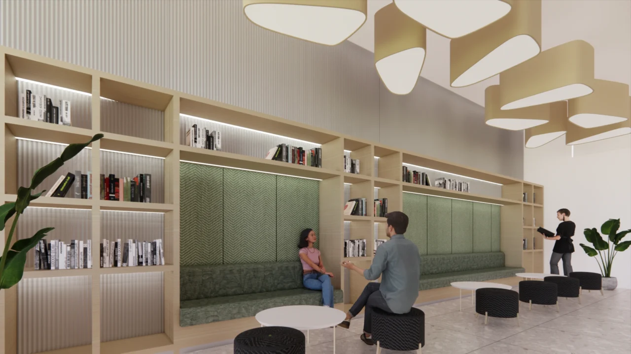 Common zones with bright colors and seating for social gatherings