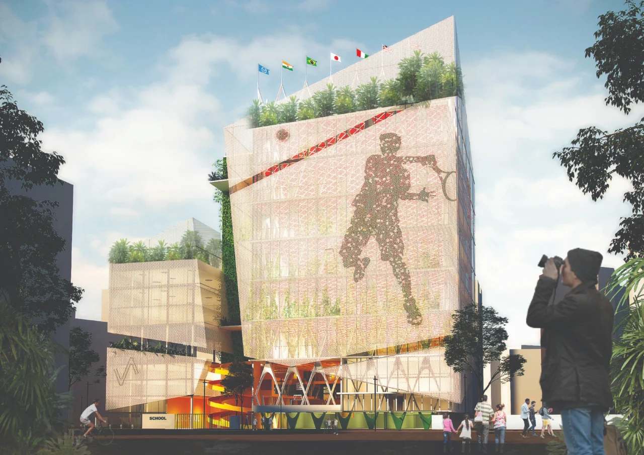 Modern facade that represents dual functions of the academy