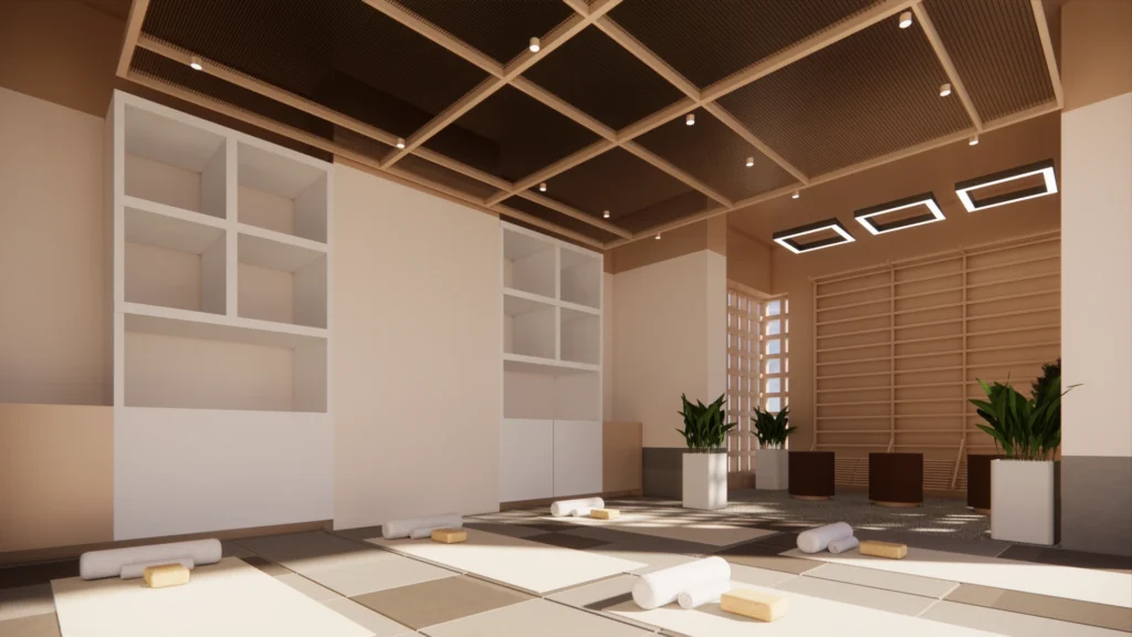 Calm zones designed for adults, group workouts, and relaxation
