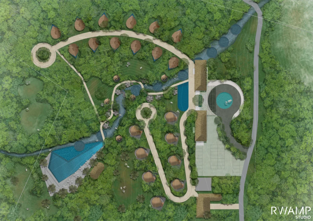 Bird's-eye view of biophilic resort layout immersed in greenery